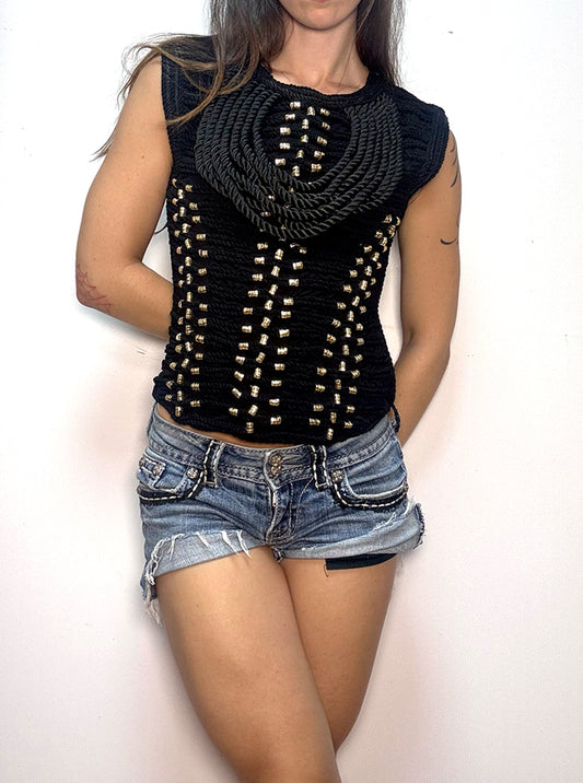 Balmain x H&M 2015 Gold-Beaded Black Tank Top