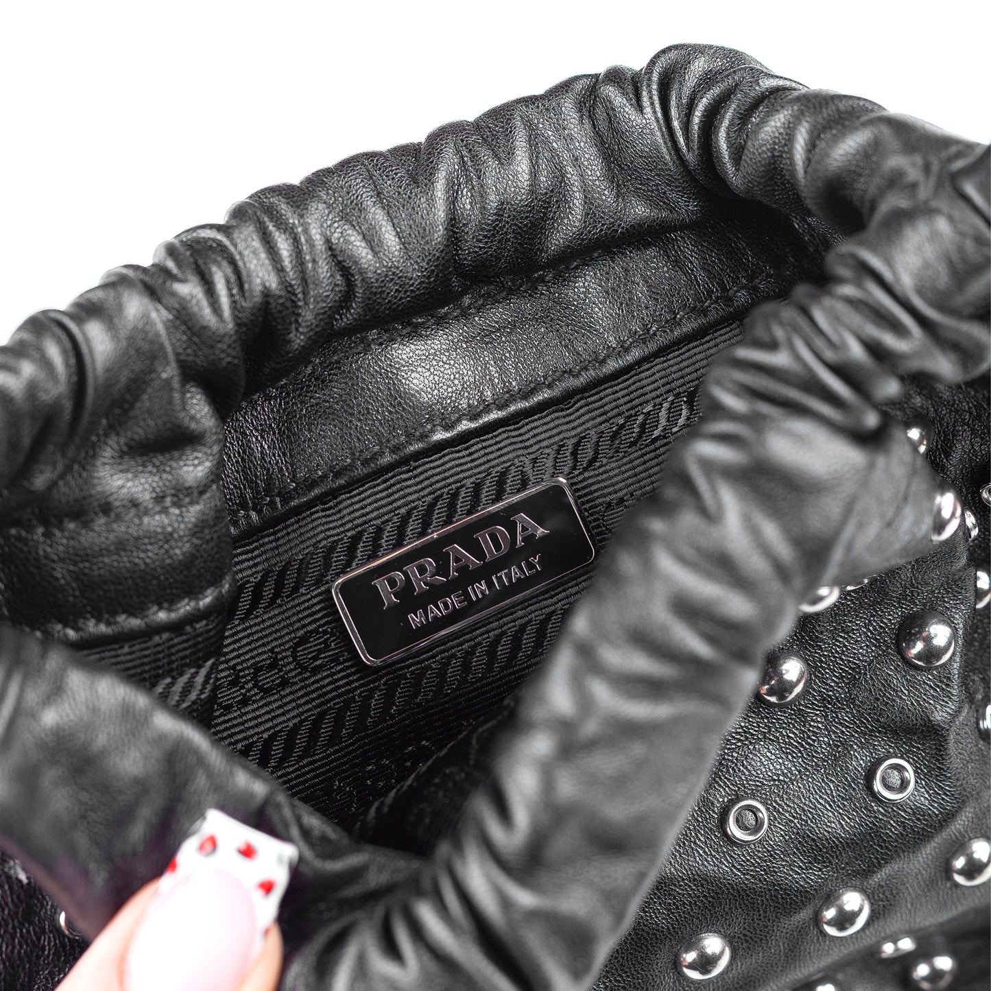 Prada Black Studded Drawstring Pochette Vintage Bag  