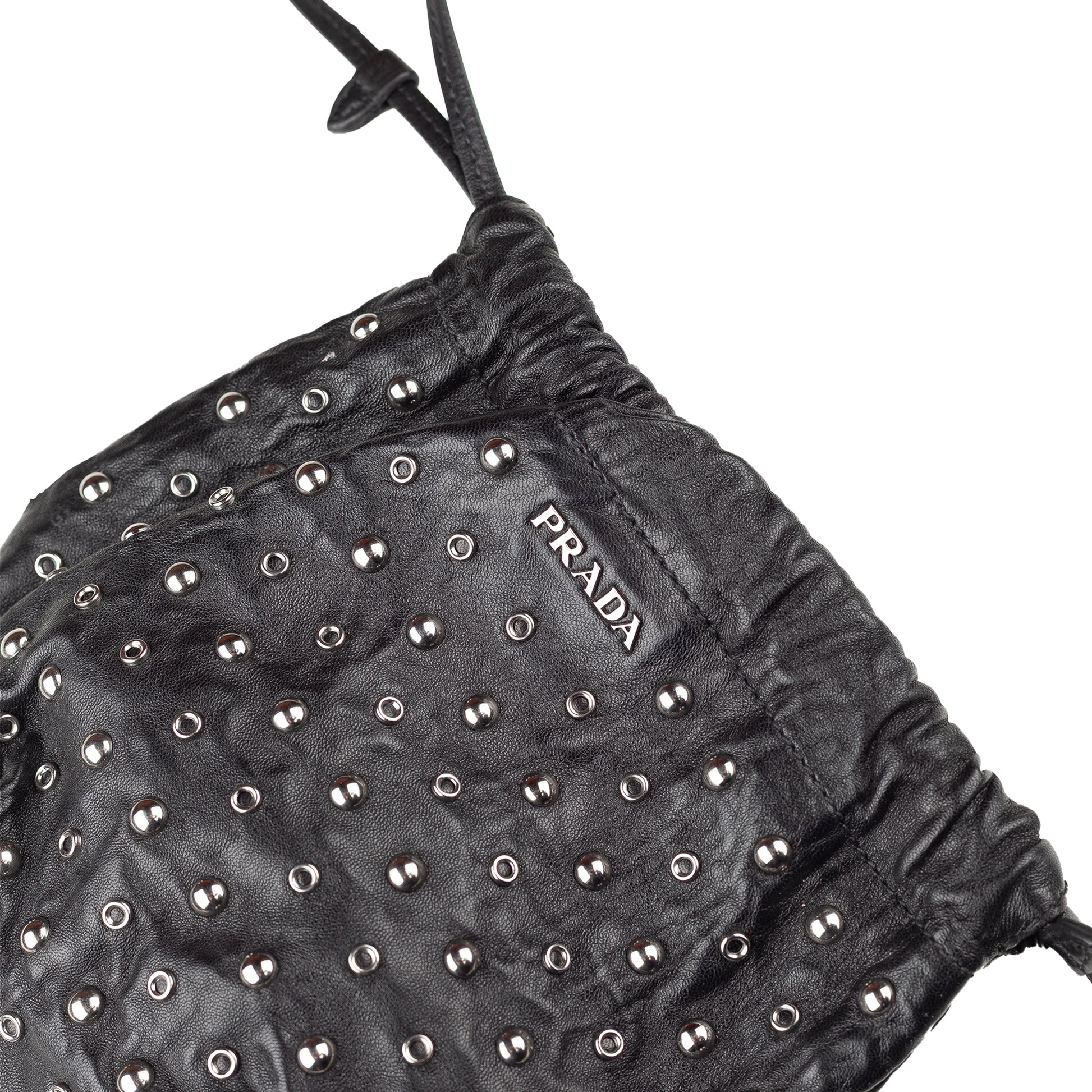 Prada Black Studded Drawstring Pochette Vintage Bag  