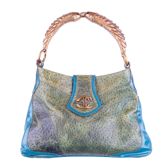 Just Cavalli Green Turquoise Ostrich Vintage Leather Bag