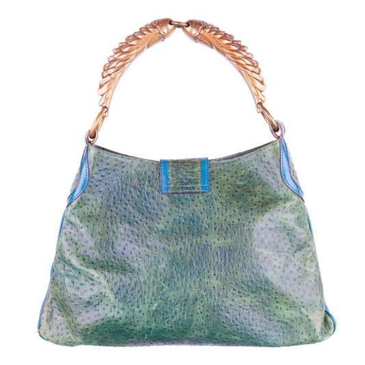 Just Cavalli Green Turquoise Ostrich Vintage Leather Bag
