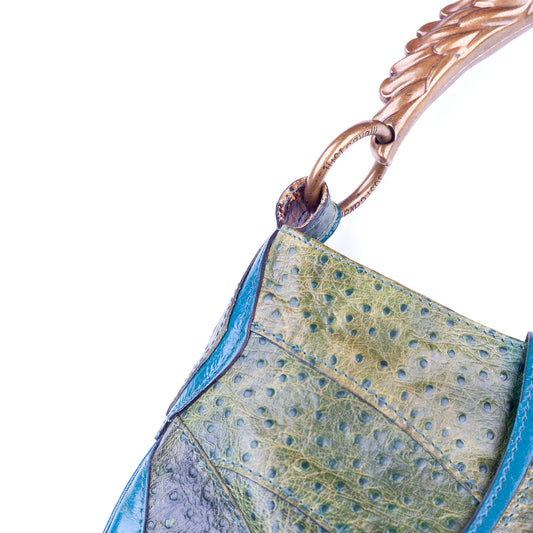 Just Cavalli Green Turquoise Ostrich Vintage Leather Bag