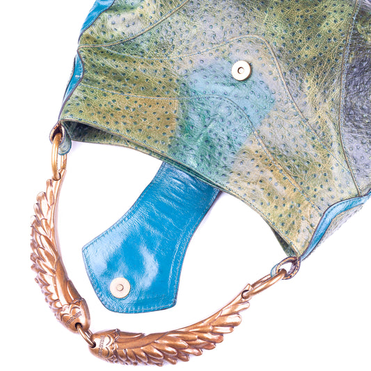 Just Cavalli Green Turquoise Ostrich Vintage Leather Bag