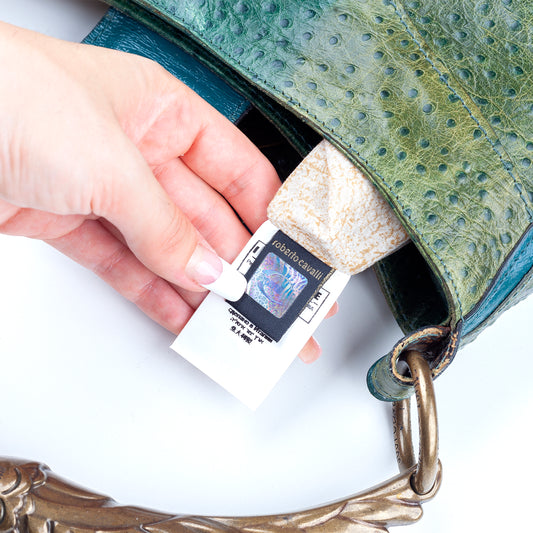 Just Cavalli Green Turquoise Ostrich Vintage Leather Bag