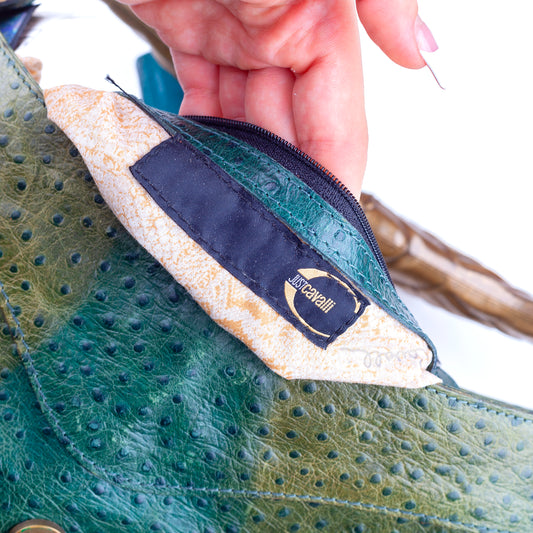 Just Cavalli Green Turquoise Ostrich Vintage Leather Bag