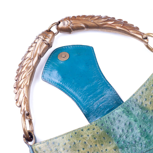 Just Cavalli Green Turquoise Ostrich Vintage Leather Bag