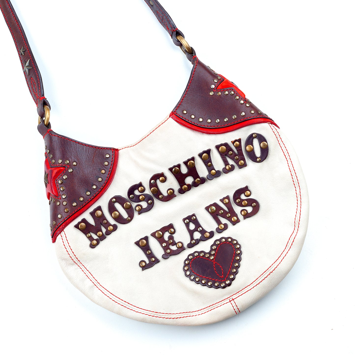 Moschino Vintage Studded Cowboy White/Brown Leather Crossbody Bag