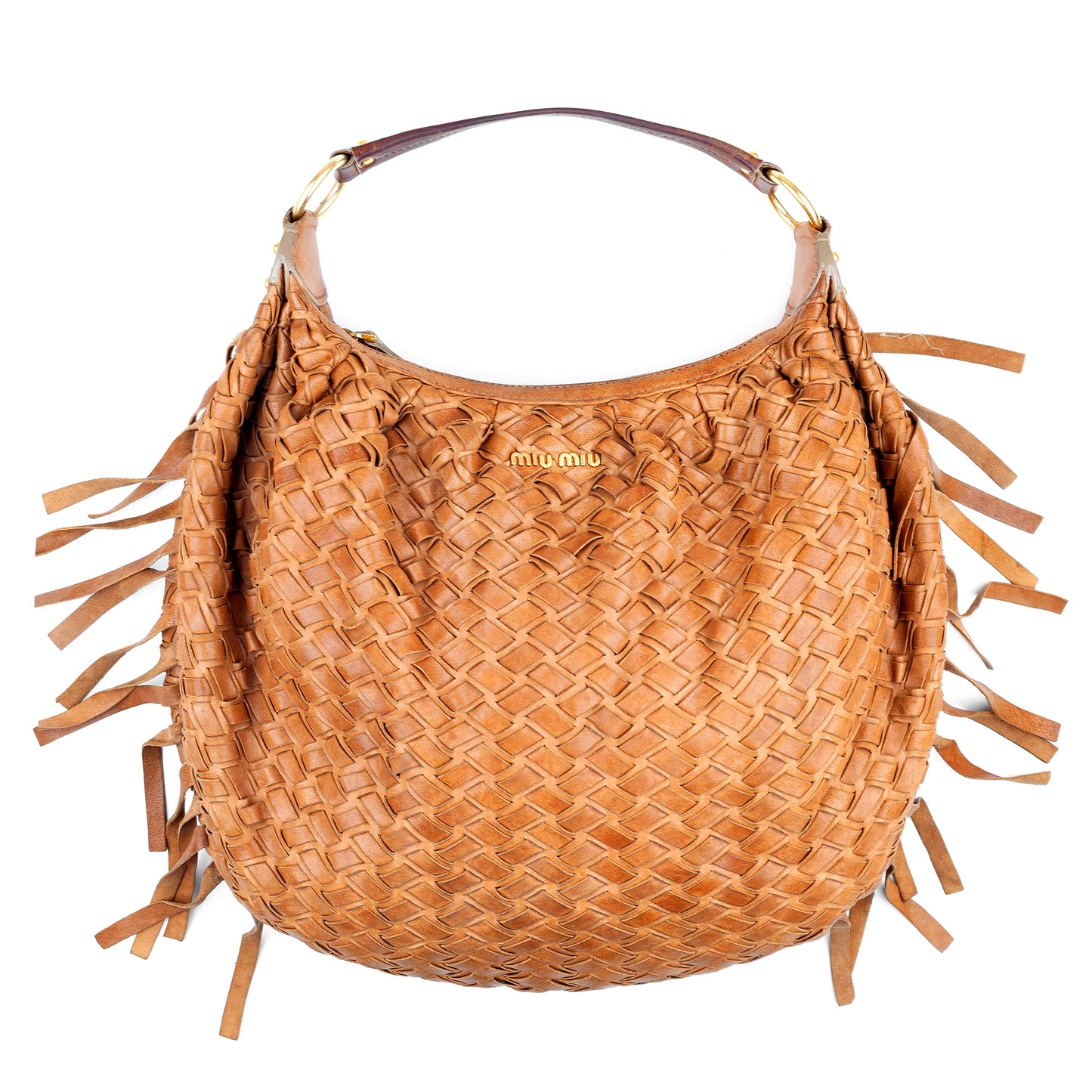 Miu Miu Vintage Brown Woven Fringe Shoulder Hobo Bag