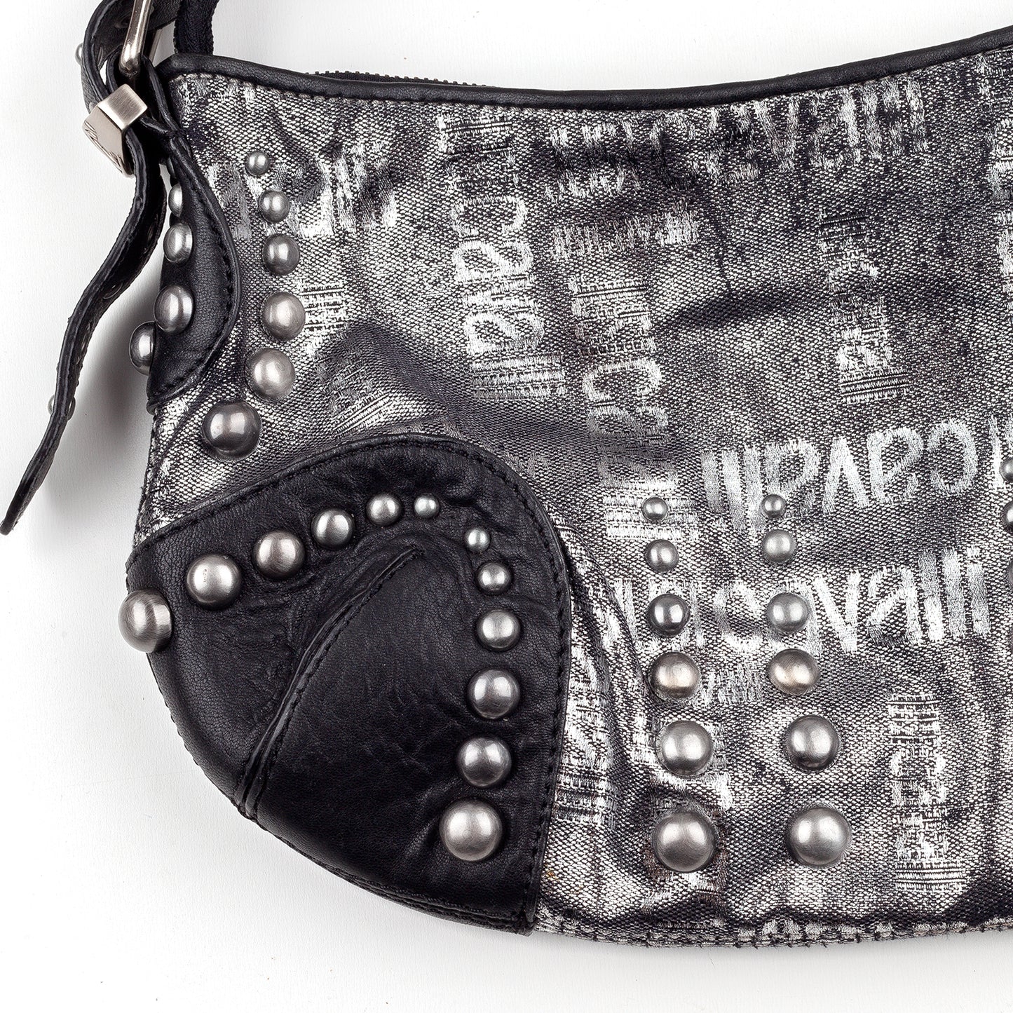 Just Cavalli Vintage Studded Monogram Black/Silver Baguette Bag