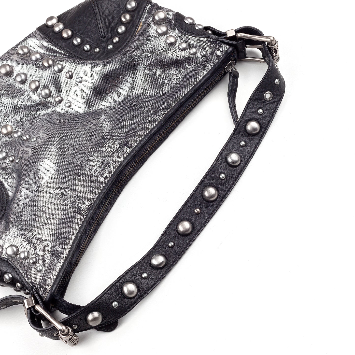 Just Cavalli Vintage Studded Monogram Black/Silver Baguette Bag