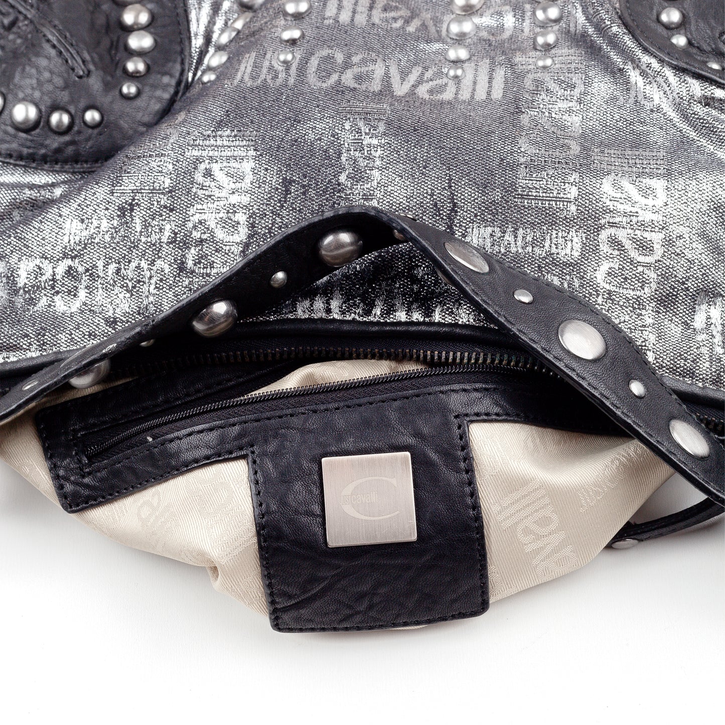 Just Cavalli Vintage Studded Monogram Black/Silver Baguette Bag