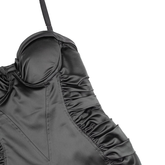 Dolce & Gabbana Black Satin Ruched Sleeveless Vintage Bustier Dress