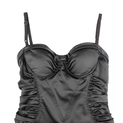 Dolce & Gabbana Black Satin Ruched Sleeveless Vintage Bustier Dress