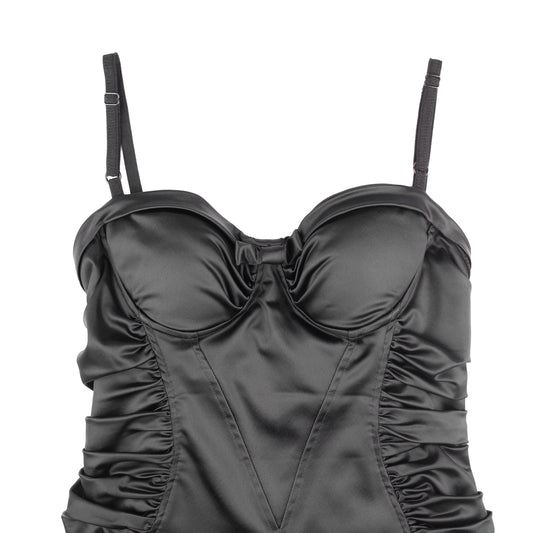 Dolce & Gabbana Black Satin Ruched Sleeveless Vintage Bustier Dress