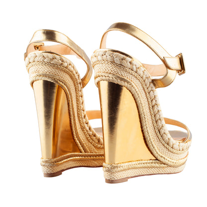 Christian Louboutin Metallic Gold Espadrilles Duplice Wedge Platform Sandals