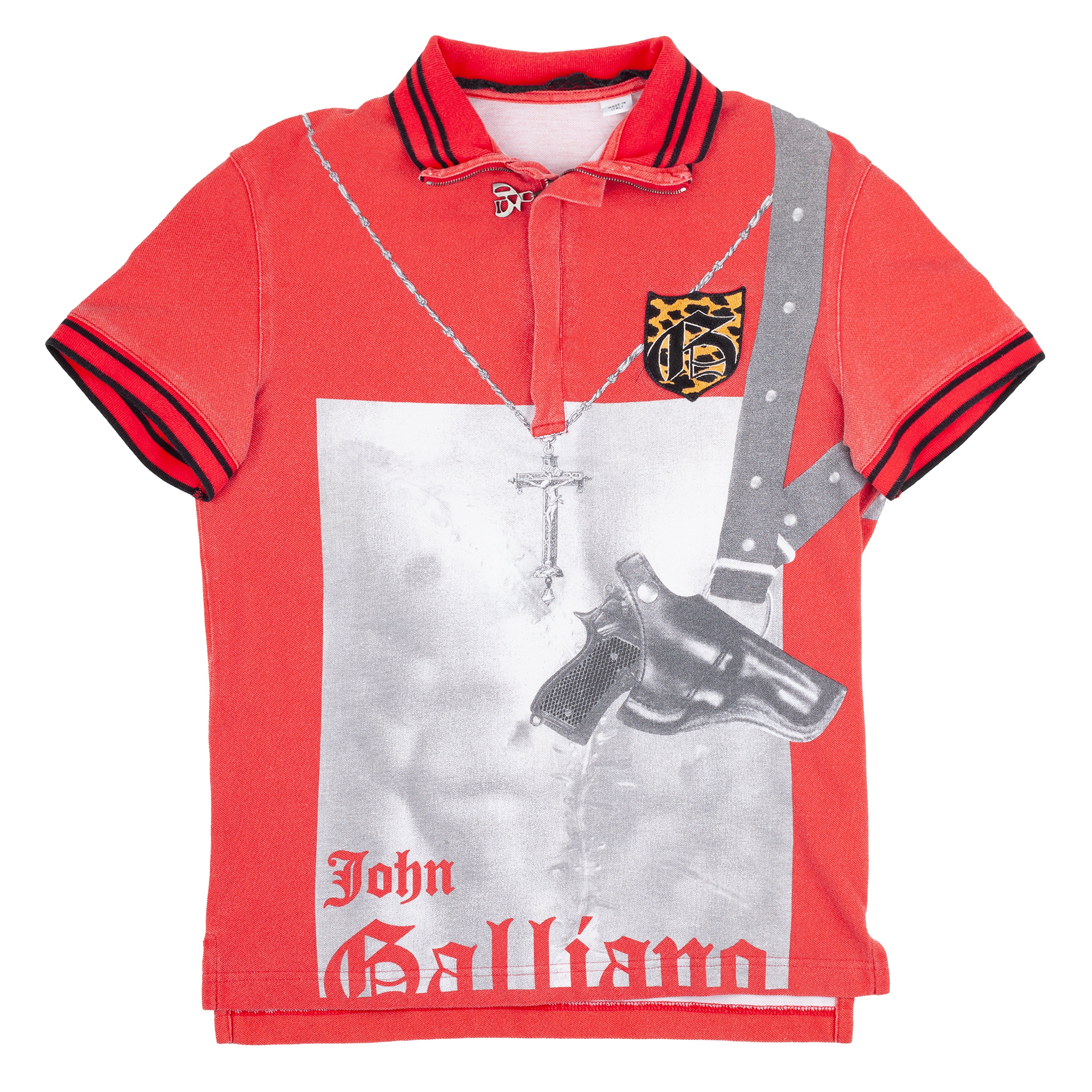 John Galliano S/S 2008 Gun & Crucifix Graphic Red Polo Shirt