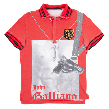 John Galliano S/S 2008 Gun & Crucifix Graphic Red Polo Shirt