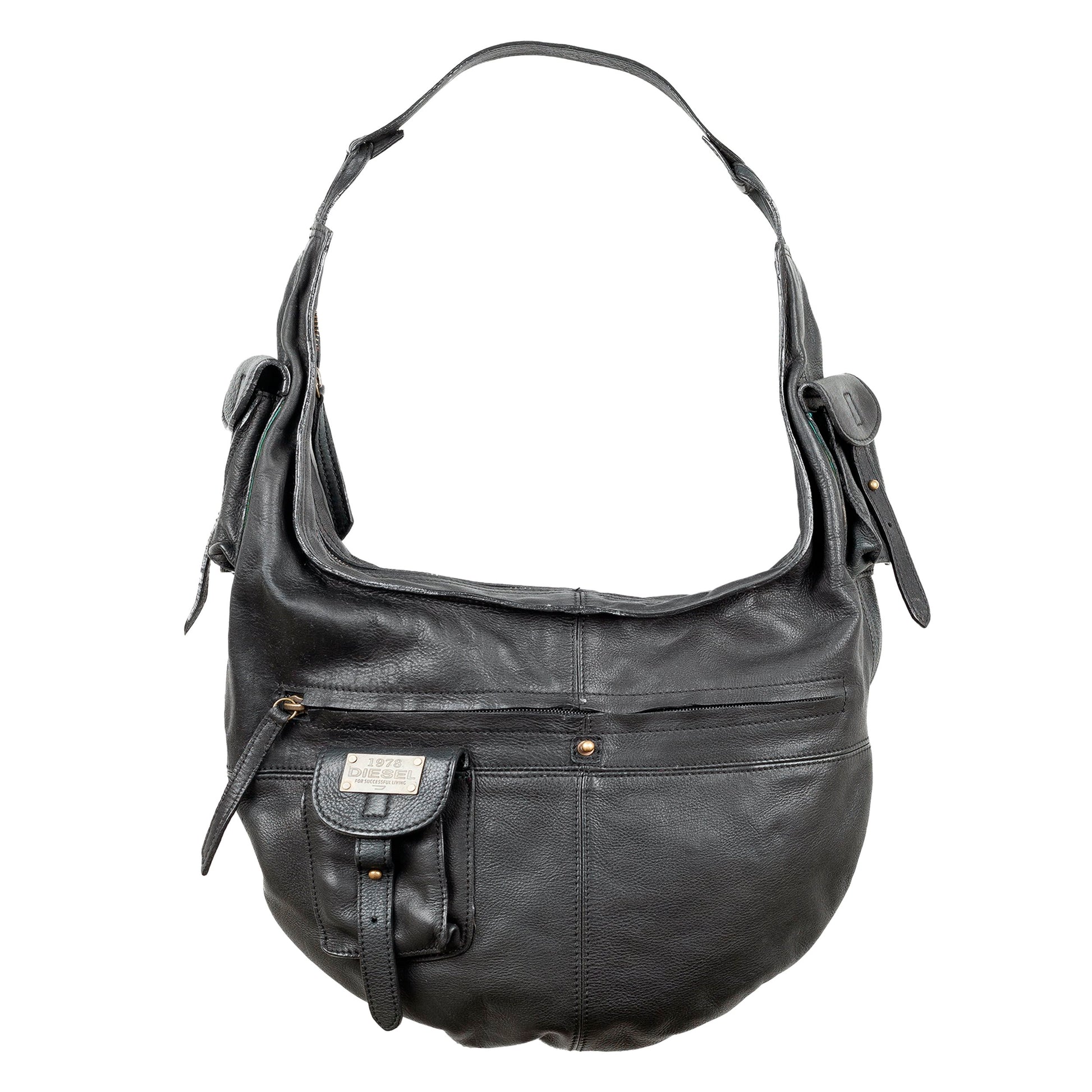 Diesel Black Leather Cargo Utility Multi Pocket Hobo Bag with Coral Blue Lining