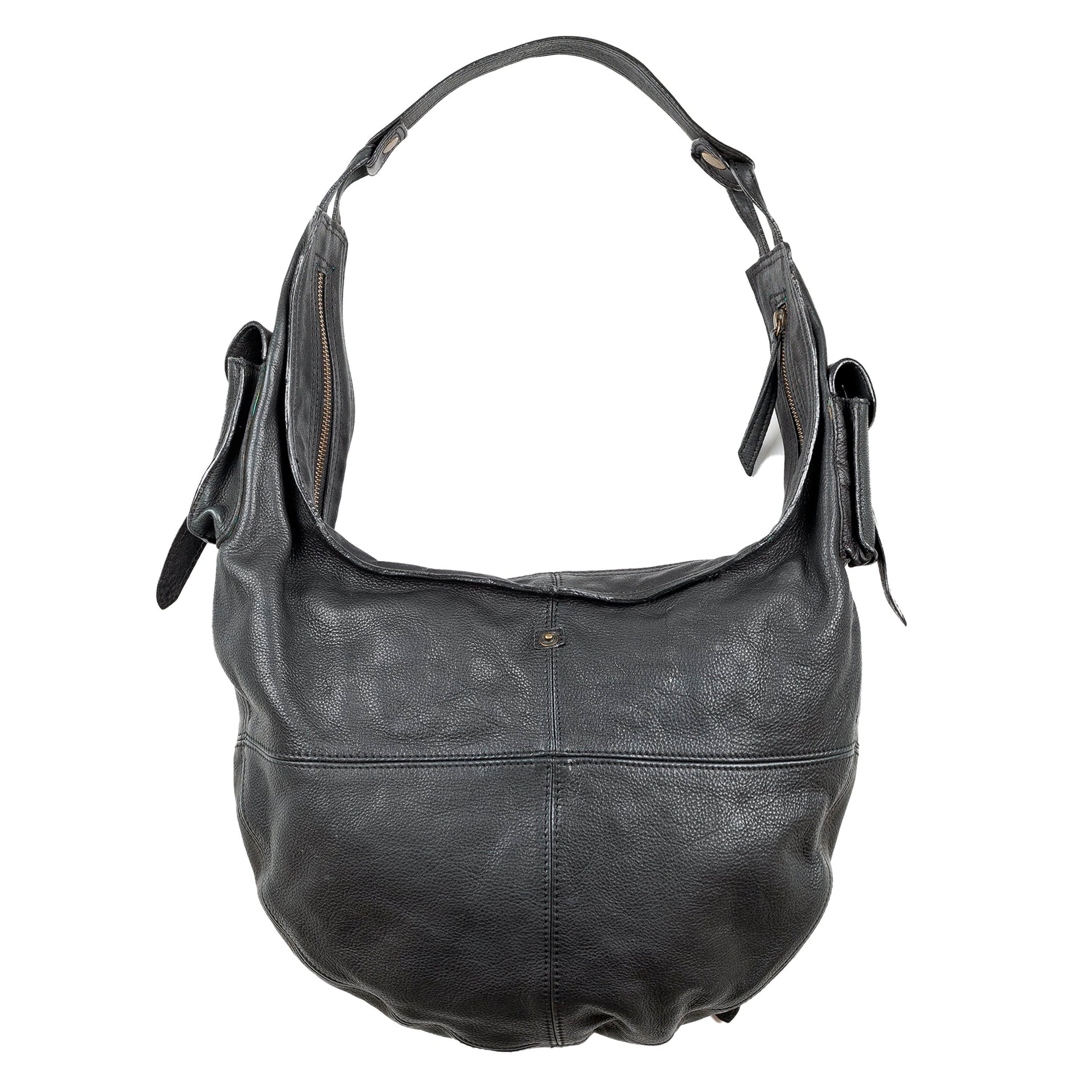 Diesel Black Leather Cargo Utility Multi Pocket Hobo Bag with Coral Blue Lining