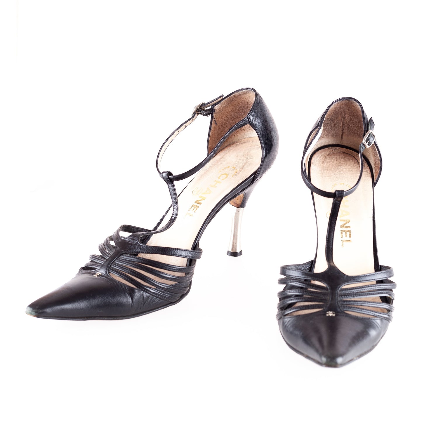 Chanel Black Leather Pointed Toe Heels With Metallic Details