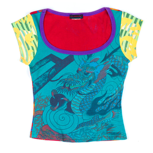 Custo Barcelona Multicolor Vintage Dragon Print Crop Top (M)