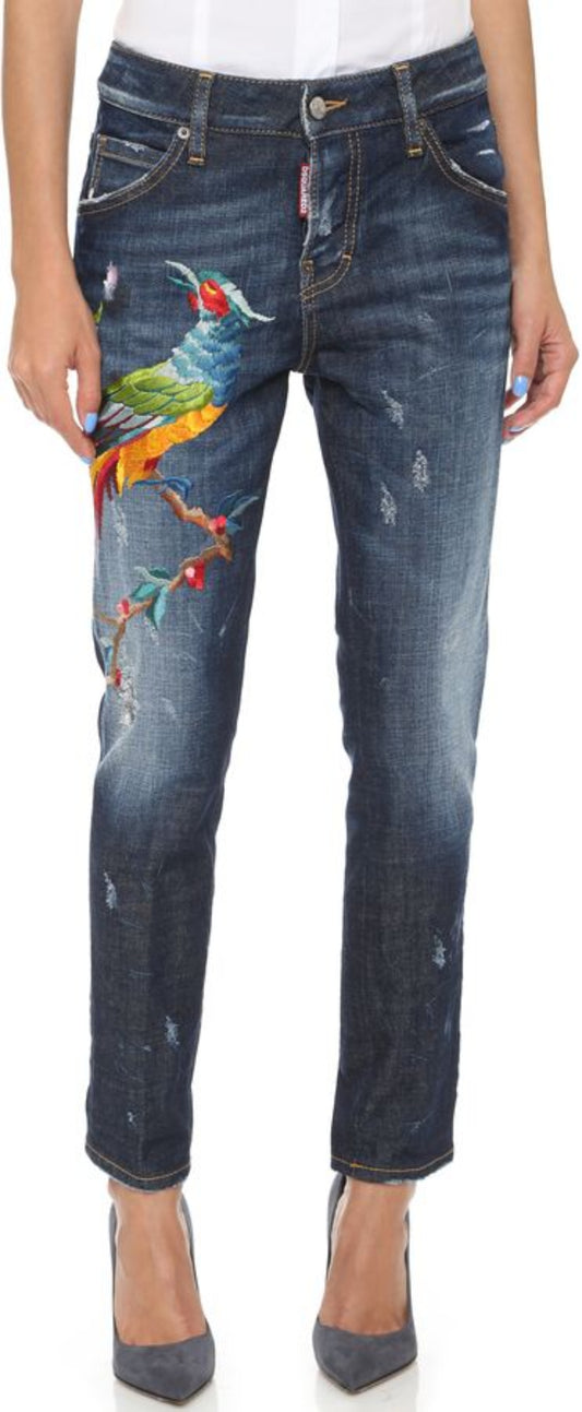 DSQUARED2 Navy Blue Birds Embroidered Denim Distressed Hockney Jeans
