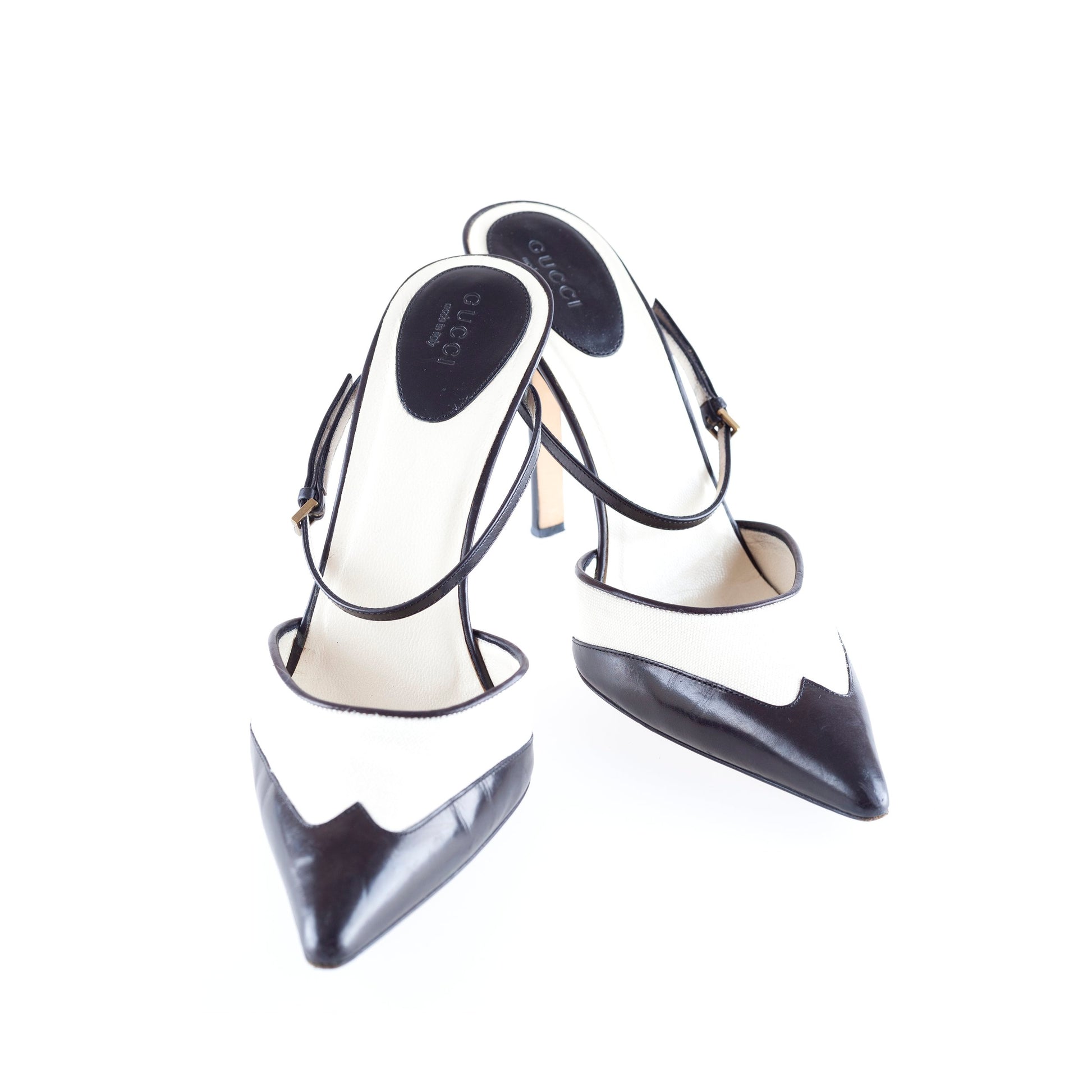 Gucci B&W Ankle Strap Pointed Toe Heels