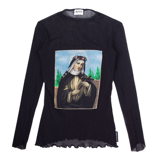 Dolce & Gabbana Jeans “Virgin Mary” Mesh Long Sleeve Top With Lettuce Hem