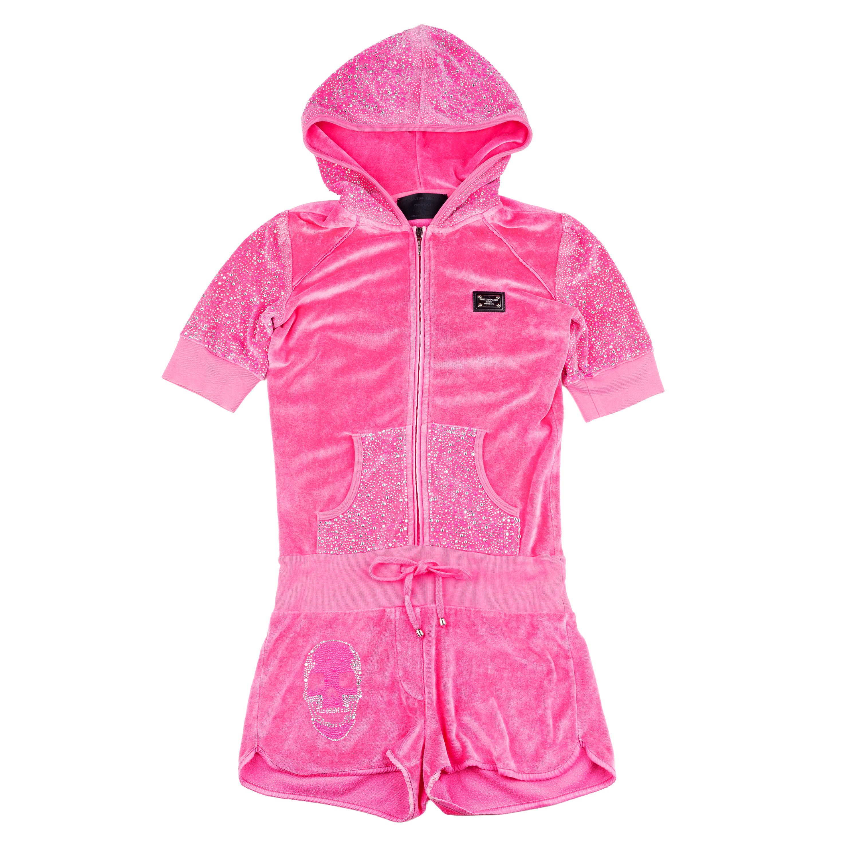 Philipp Plein Pink Crystal Detail Velvet Short Jumpsuit
