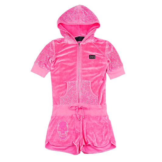 Philipp Plein Pink Crystal Detail Velvet Short Jumpsuit