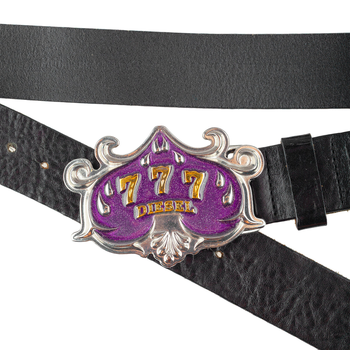 Diesel Vintage "777" Purple Glitter Buckle Black Leather Belt