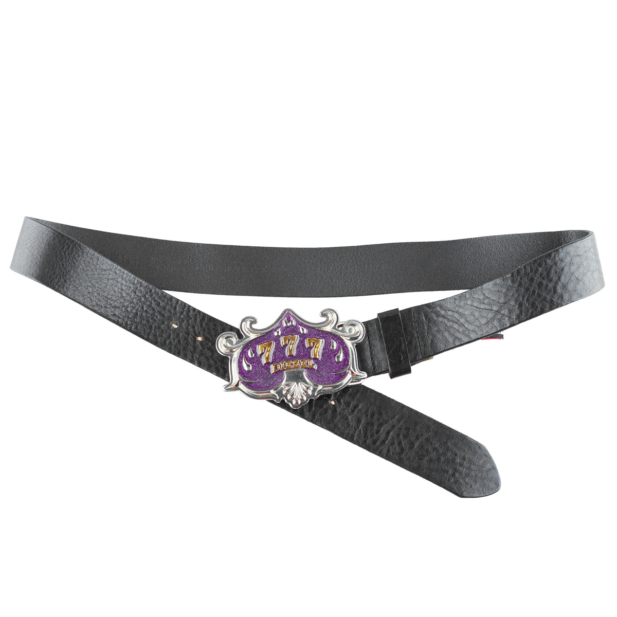 Diesel Vintage "777" Purple Glitter Buckle Black Leather Belt