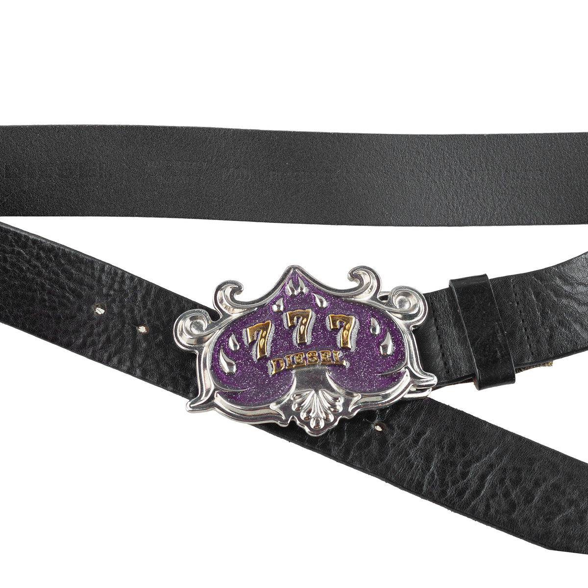 Diesel Vintage "777" Purple Glitter Buckle Black Leather Belt