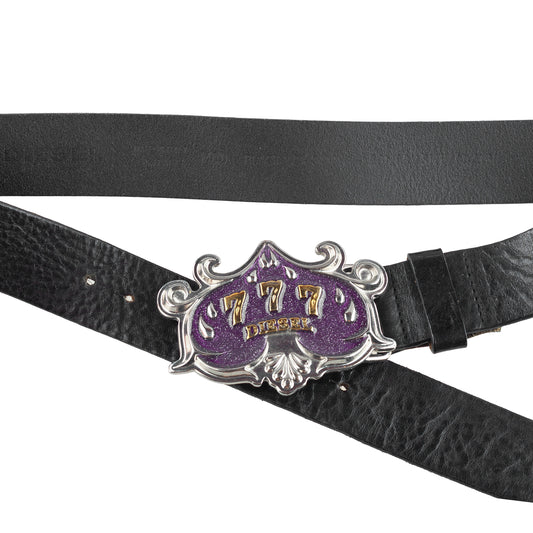 Diesel Vintage "777" Purple Glitter Buckle Black Leather Belt