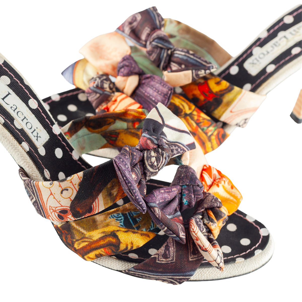 Christian Lacroix Vintage Multicolor Printed Bow Mule Heels
