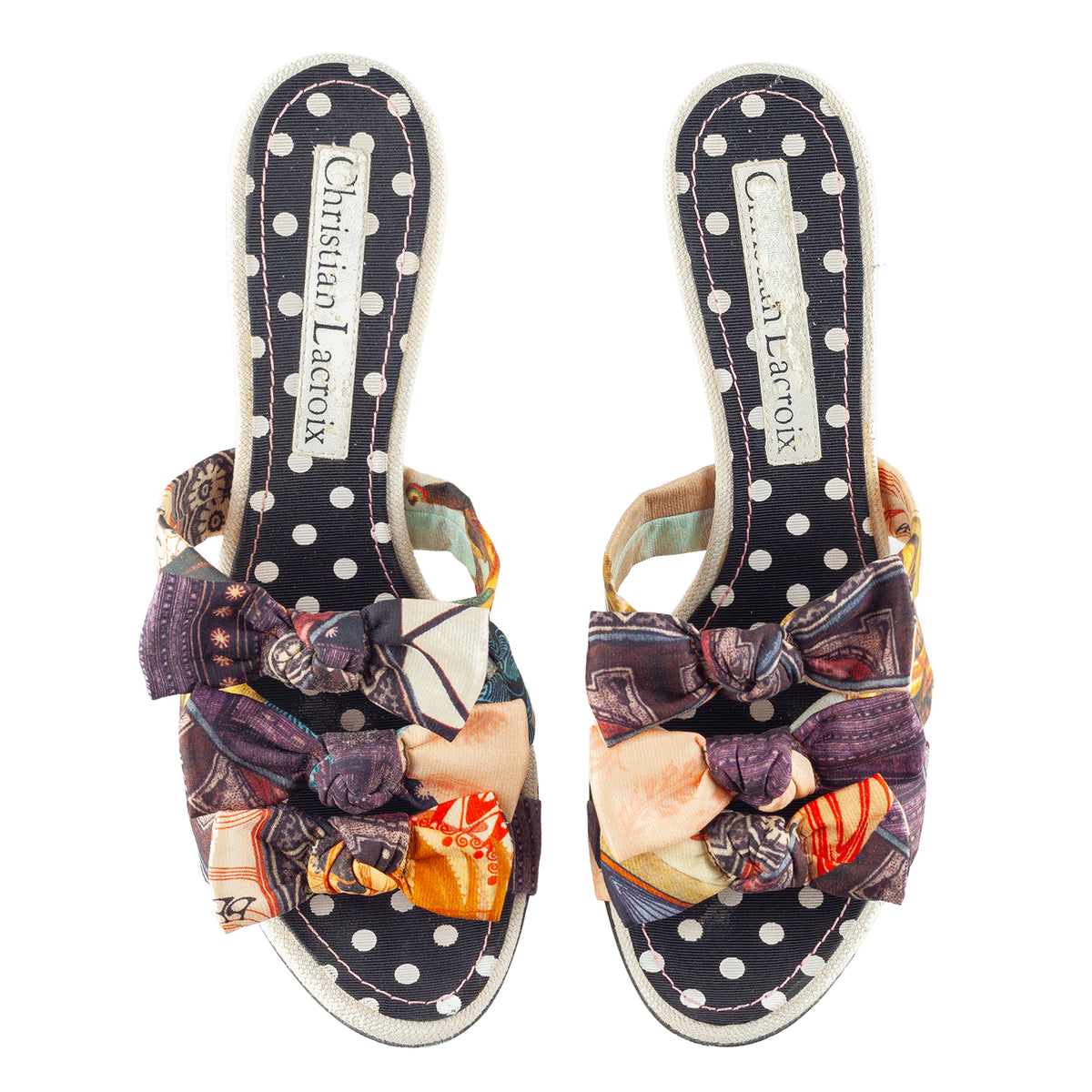 Christian Lacroix Vintage Multicolor Printed Bow Mule Heels
