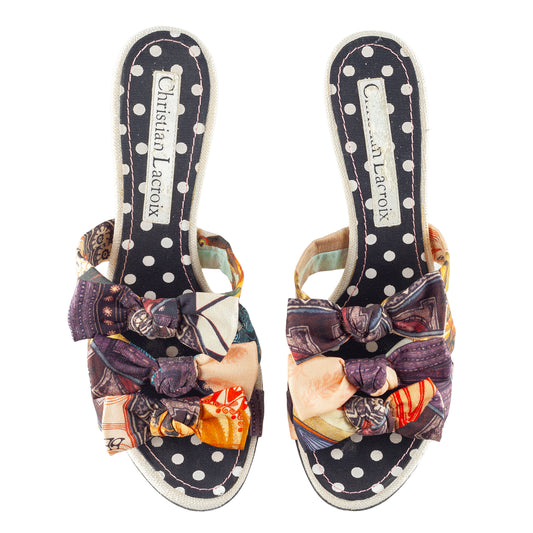 Christian Lacroix Vintage Multicolor Printed Bow Mule Heels