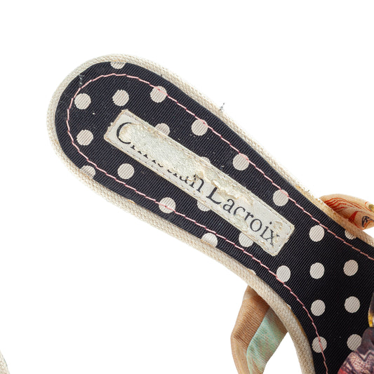 Christian Lacroix Vintage Multicolor Printed Bow Mule Heels