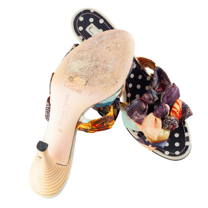 Christian Lacroix Vintage Multicolor Printed Bow Mule Heels