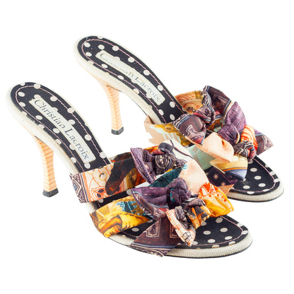 Christian Lacroix Vintage Multicolor Printed Bow Mule Heels
