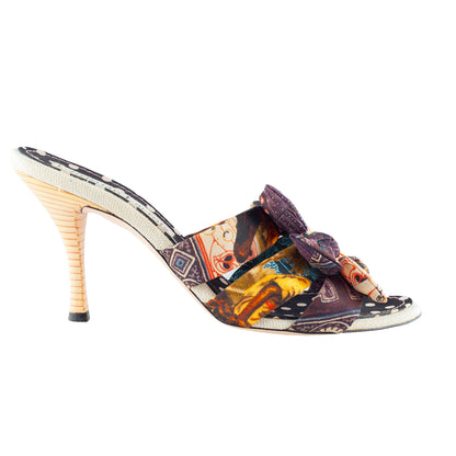 Christian Lacroix Vintage Multicolor Printed Bow Mule Heels