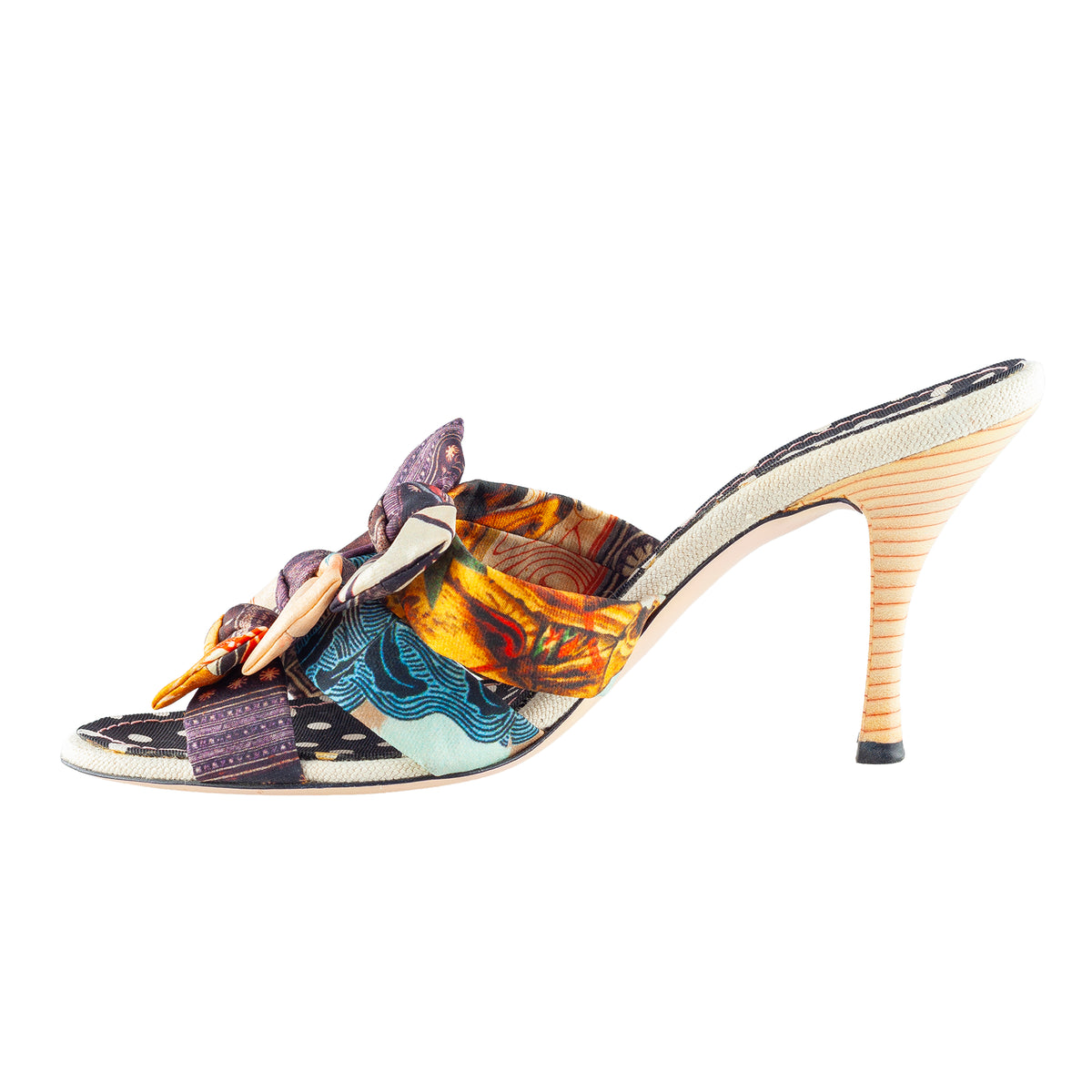 Christian Lacroix Vintage Multicolor Printed Bow Mule Heels