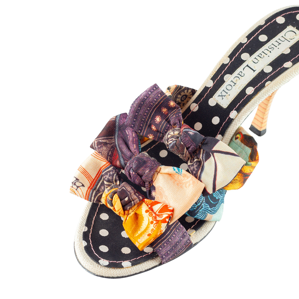 Christian Lacroix Vintage Multicolor Printed Bow Mule Heels