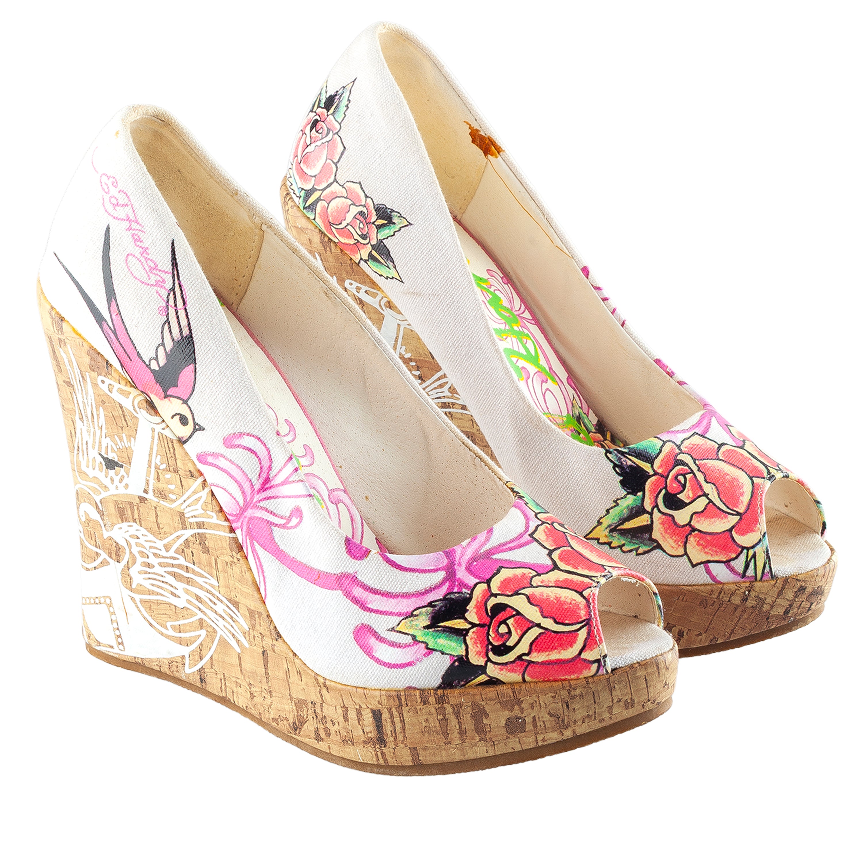 Ed Hardy Tattoo Print Cork Peep-Toe Wedge Pumps
