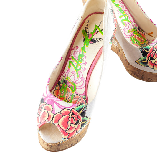 Ed Hardy Tattoo Print Cork Peep-Toe Wedge Pumps