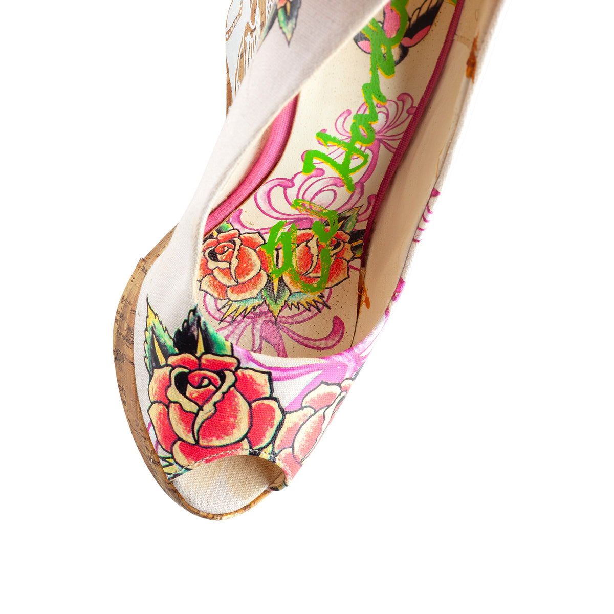 Ed Hardy Tattoo Print Cork Peep-Toe Wedge Pumps