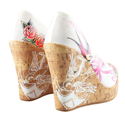 Ed Hardy Tattoo Print Cork Peep-Toe Wedge Pumps