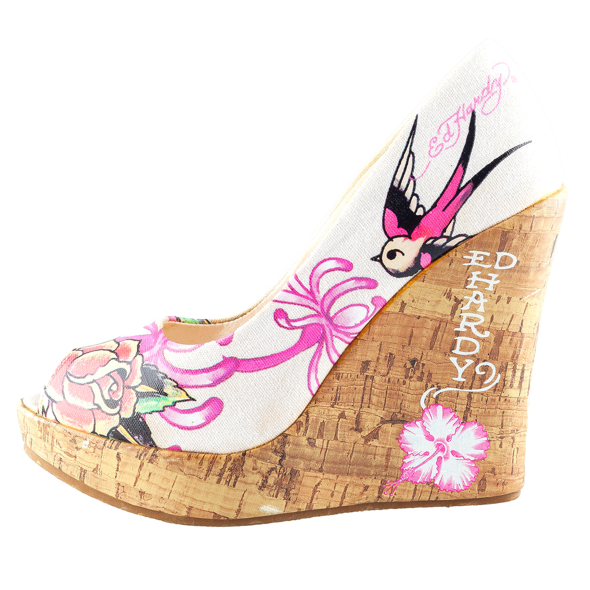 Ed Hardy Tattoo Print Cork Peep-Toe Wedge Pumps