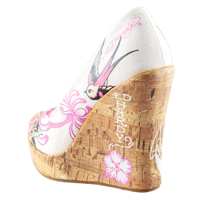 Ed Hardy Tattoo Print Cork Peep-Toe Wedge Pumps