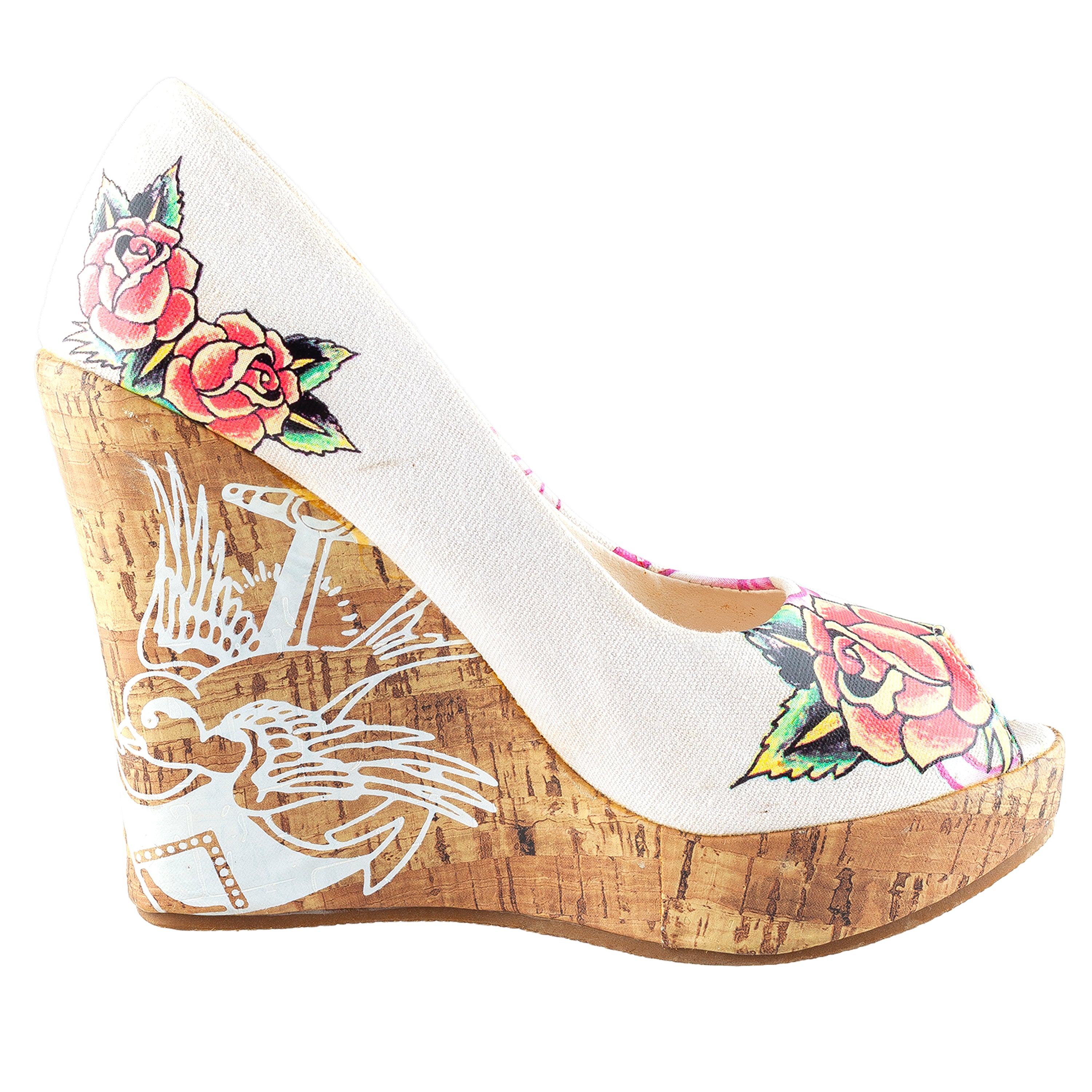 Ed Hardy Tattoo Print Cork Peep-Toe Wedge Pumps